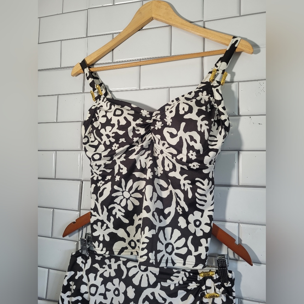 LANDS END 2 Piece Tankini Swimsuit Wrap Swim Skirt Brown/white 8P